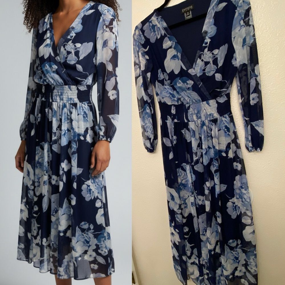 En Focus Studio navy blue Floral Balloon Sleeve Faux Wrap Long mesh Dress 10